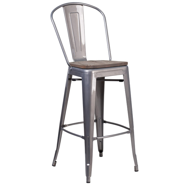 30inch High Clear Coated Barstool with Back and Wood Seat