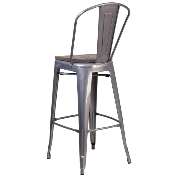 30inch High Clear Coated Barstool with Back and Wood Seat