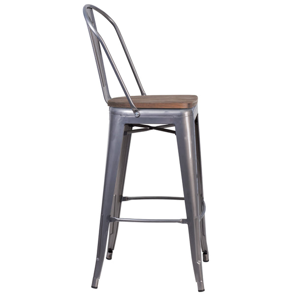 30inch High Clear Coated Barstool with Back and Wood Seat