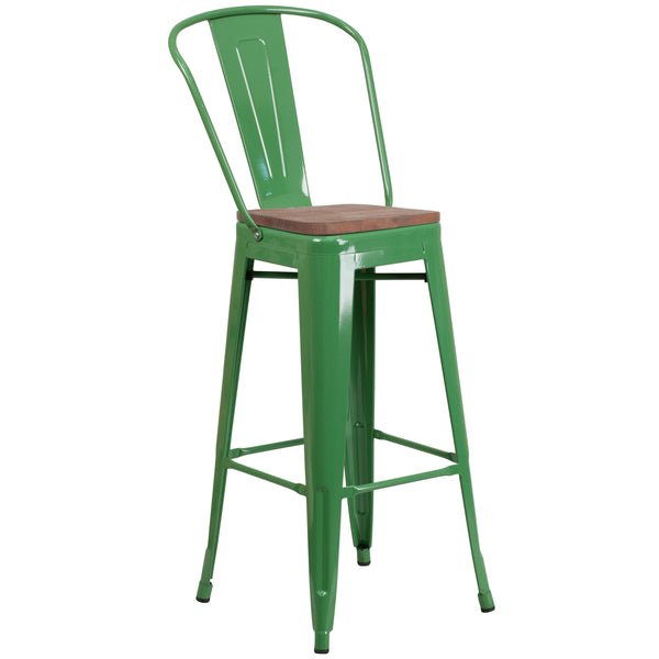 Green |#| 30inch High Green Metal Barstool with Back and Wood Seat - Kitchen Furniture