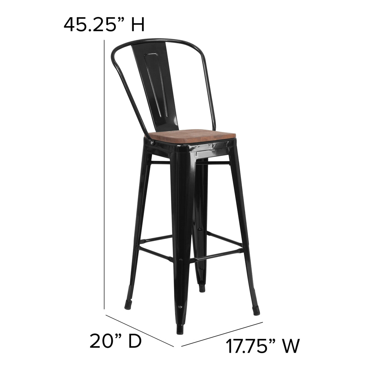 Black |#| 30inch High Black Metal Barstool with Back and Wood Seat - Kitchen Furniture