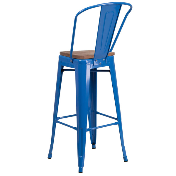 Blue |#| 30inch High Blue Metal Barstool with Back and Wood Seat - Kitchen Furniture