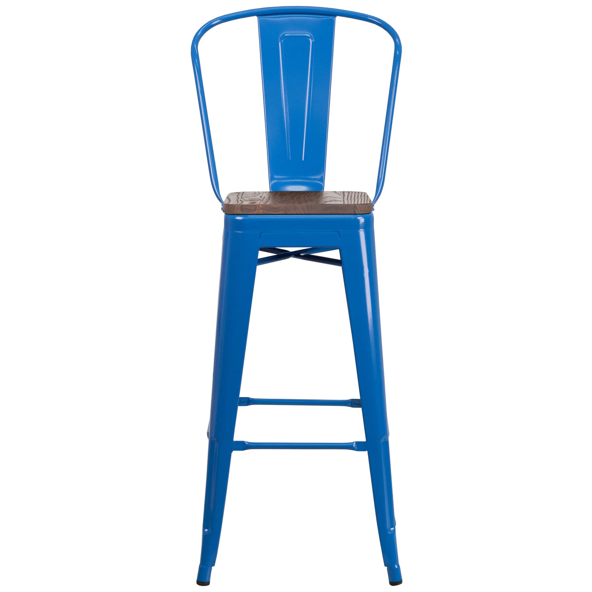 Blue |#| 30inch High Blue Metal Barstool with Back and Wood Seat - Kitchen Furniture