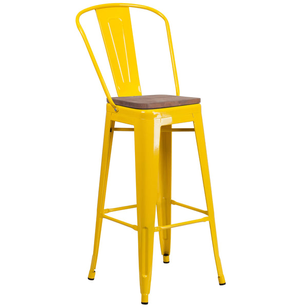 Yellow |#| 30inch High Yellow Metal Barstool with Back and Wood Seat - Kitchen Furniture