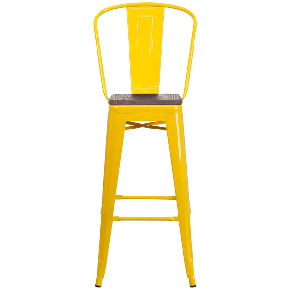 Orange |#| 30inch High Orange Metal Barstool with Back and Wood Seat - Kitchen Furniture