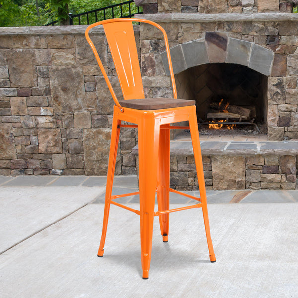 Orange |#| 30inch High Orange Metal Barstool with Back and Wood Seat - Kitchen Furniture