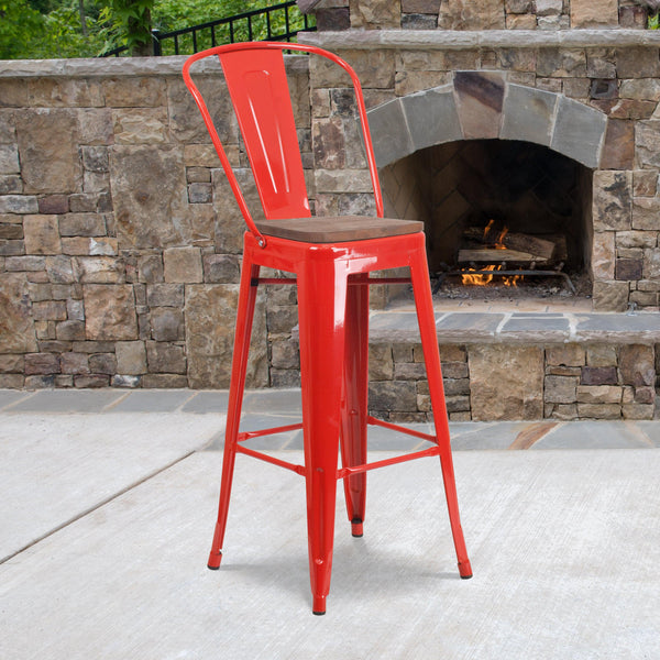 Red |#| 30inch High Red Metal Barstool with Back and Wood Seat - Kitchen Furniture