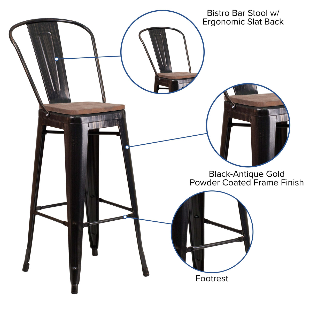 Black-Antique Gold |#| 30inch High Black-Antique Gold Metal Barstool with Back and Wood Seat - Kitchen