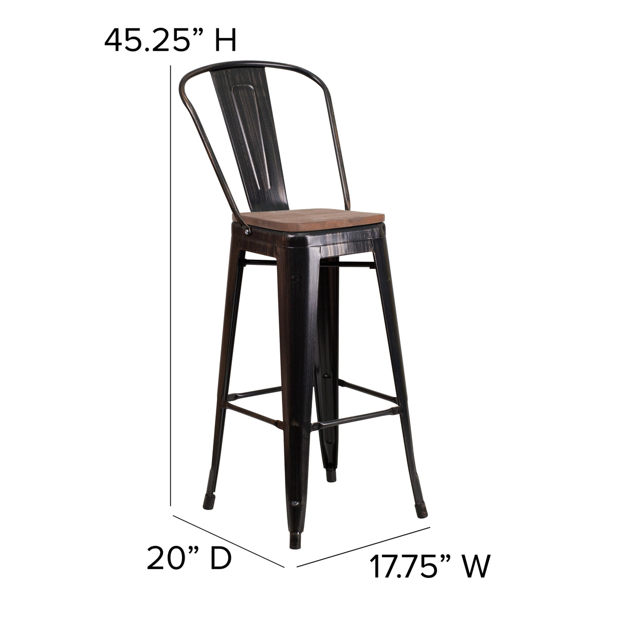 Black-Antique Gold |#| 30inch High Black-Antique Gold Metal Barstool with Back and Wood Seat - Kitchen