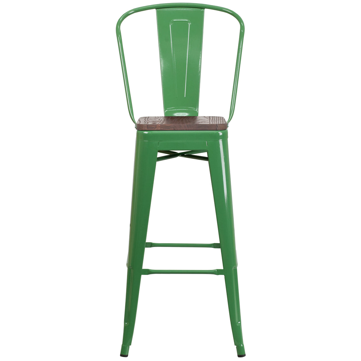 Green |#| 30inch High Green Metal Barstool with Back and Wood Seat - Kitchen Furniture