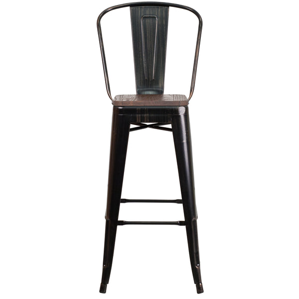 Black-Antique Gold |#| 30inch High Black-Antique Gold Metal Barstool with Back and Wood Seat - Kitchen