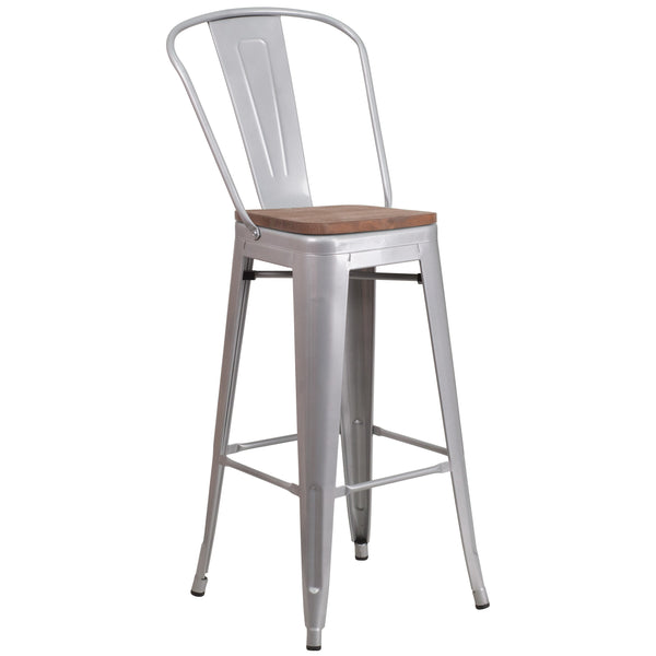 Silver |#| 30inch High Silver Metal Barstool with Back and Wood Seat - Kitchen Furniture