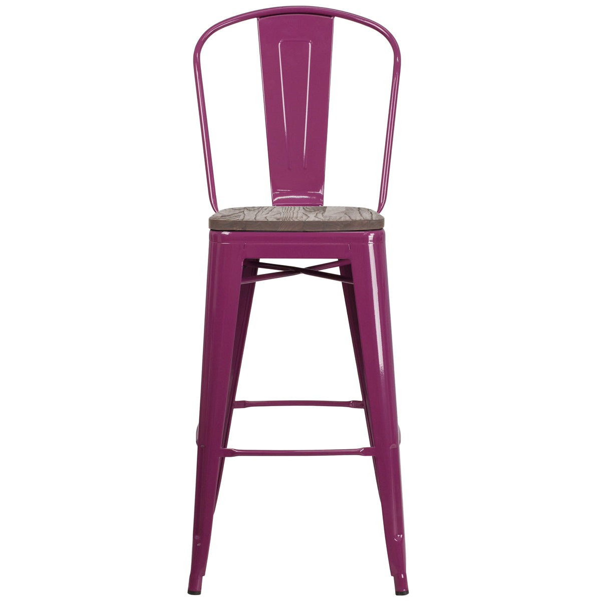 Purple |#| 30inch High Purple Metal Barstool with Back and Wood Seat