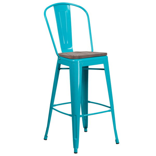 Crystal Teal-Blue |#| 30inch High Crystal Teal-Blue Metal Barstool with Back and Wood Seat