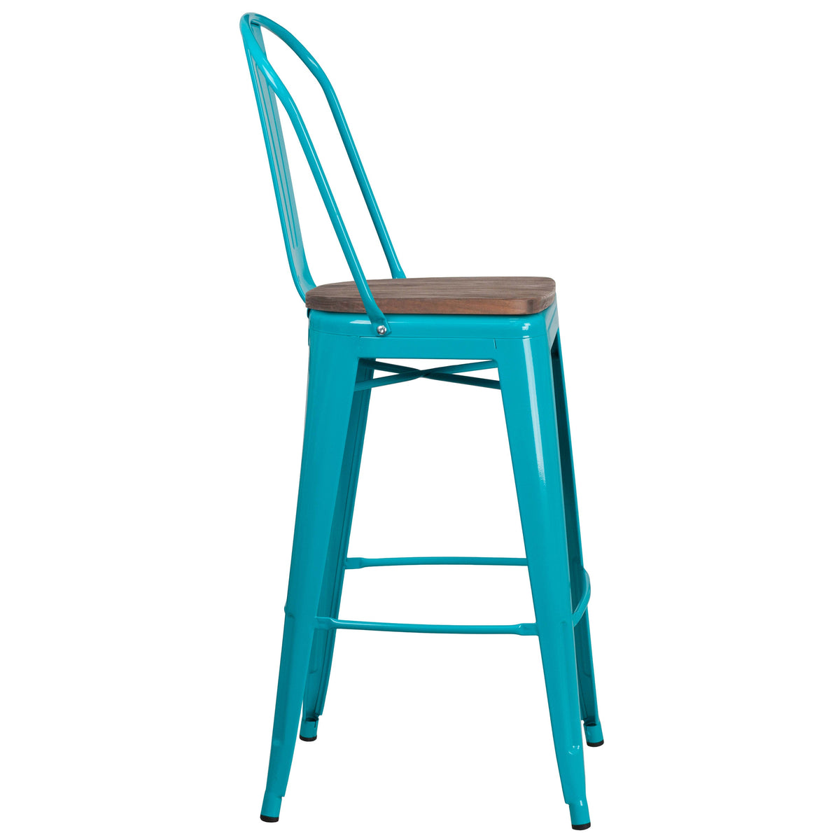 Crystal Teal-Blue |#| 30inch High Crystal Teal-Blue Metal Barstool with Back and Wood Seat