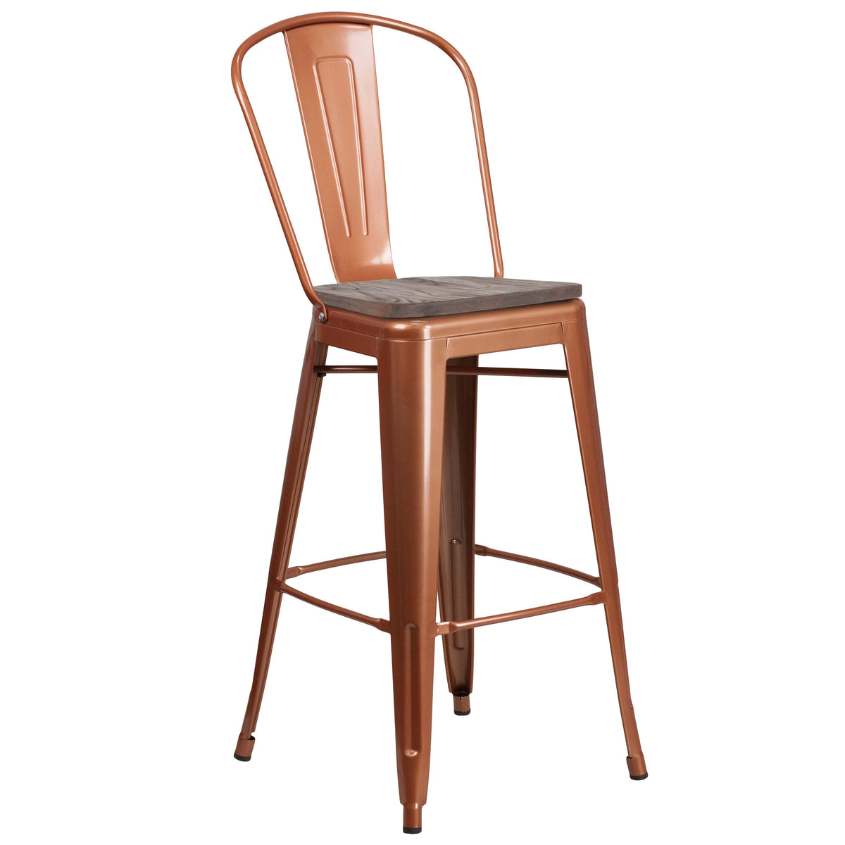 Copper |#| 30inch High Copper Metal Barstool with Back and Wood Seat