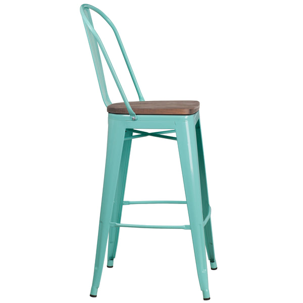 Mint Green |#| 30inch High Mint Green Metal Barstool with Back and Wood Seat