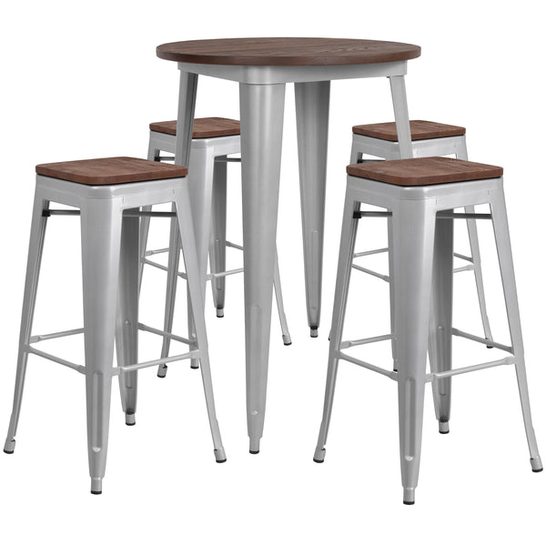Silver |#| 30inch Round Silver Metal Bar Table Set with Wood Top and 4 Backless Stools