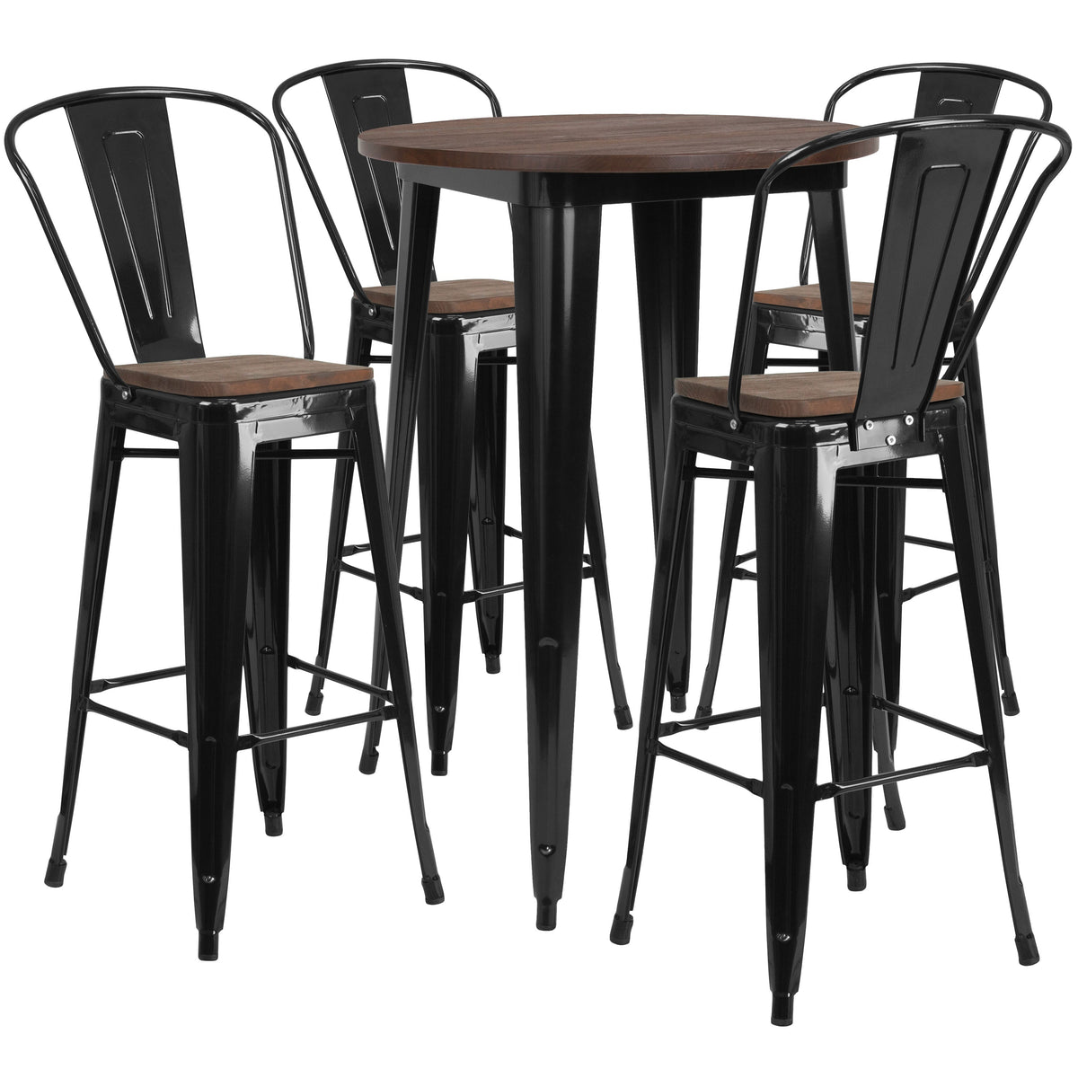 Black |#| 30inch Round Black Metal Bar Table Set with Wood Top and 4 Stools