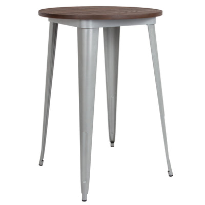 30" Round Metal Indoor Bar Height Table with Rustic Wood Top - View 1