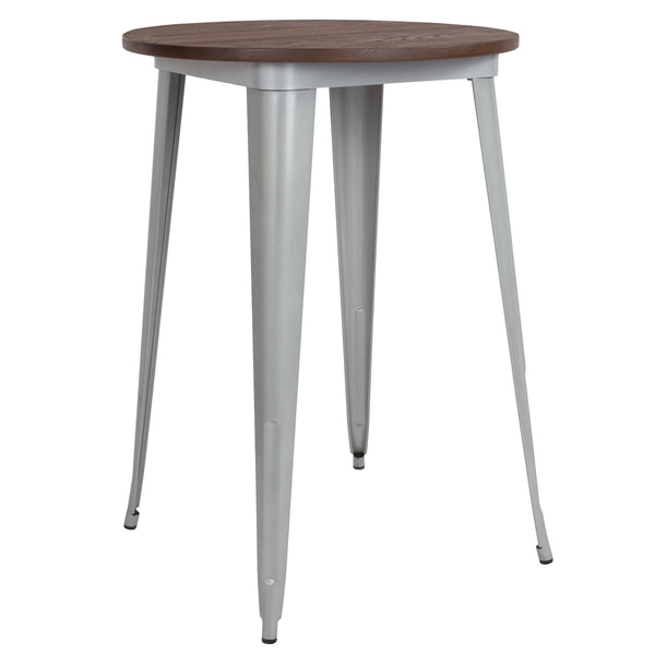 Silver |#| 30inch Round Silver Metal Indoor Bar Height Table with Walnut Rustic Wood Top