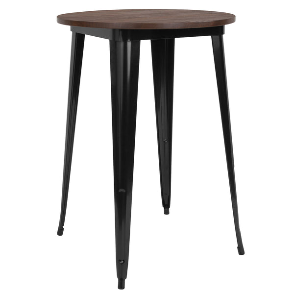 Black |#| 30inch Round Black Metal Indoor Bar Height Table with Walnut Rustic Wood Top