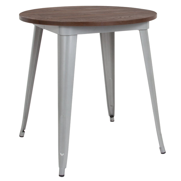 Silver |#| 30inch Round Silver Metal Indoor Table with Walnut Wood Top - Restaurant Furniture