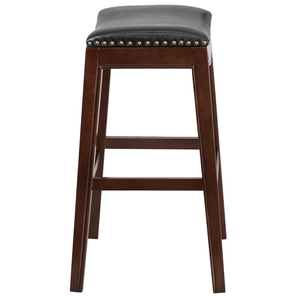Cappuccino |#| 30inch High Backless Cappuccino Wood Barstool with Black LeatherSoft Saddle Seat