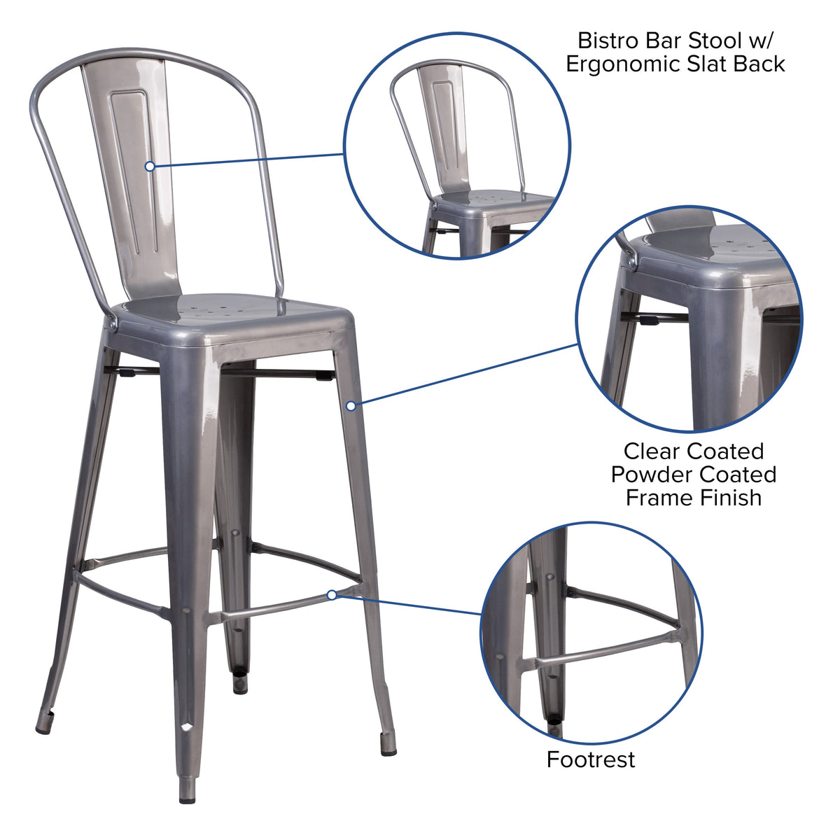 30inch High Clear Coated Indoor Barstool with Back