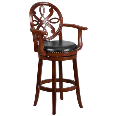 30'' High Wood Barstool with Arms, Carved Back and LeatherSoft Swivel Seat