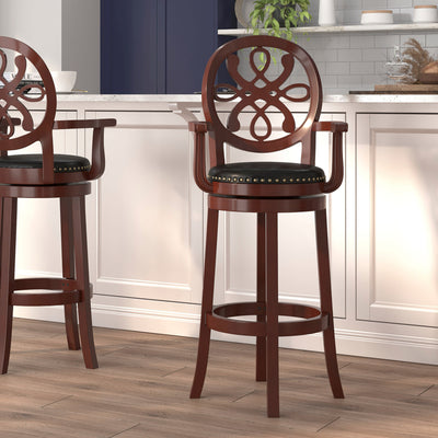 30'' High Wood Barstool with Arms, Carved Back and LeatherSoft Swivel Seat
