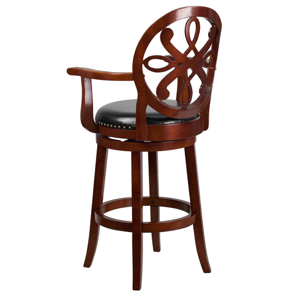 Cherry |#| 30inch High Cherry Wood Barstool with Arms, Carved Back & Black LeatherSoft Seat