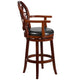 Cherry |#| 30inch High Cherry Wood Barstool with Arms, Carved Back & Black LeatherSoft Seat