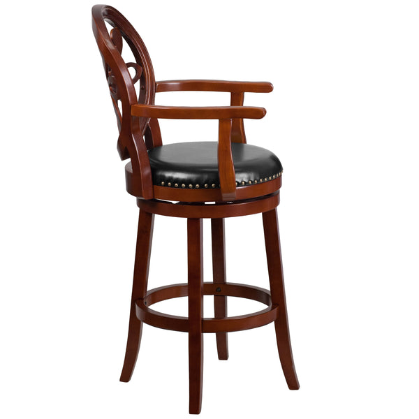 Cherry |#| 30inch High Cherry Wood Barstool with Arms, Carved Back & Black LeatherSoft Seat
