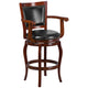 30inch High Cherry Wood Barstool with Arms, Panel Back & Black LeatherSoft Seat