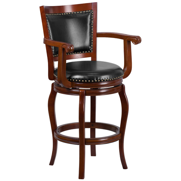 30inch High Cherry Wood Barstool with Arms, Panel Back & Black LeatherSoft Seat