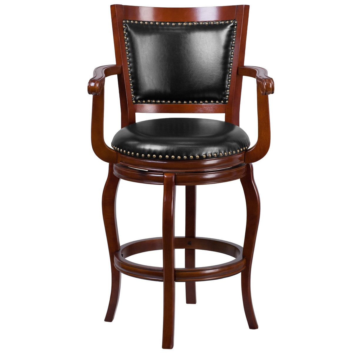 30inch High Cherry Wood Barstool with Arms, Panel Back & Black LeatherSoft Seat