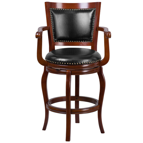 30inch High Cherry Wood Barstool with Arms, Panel Back & Black LeatherSoft Seat