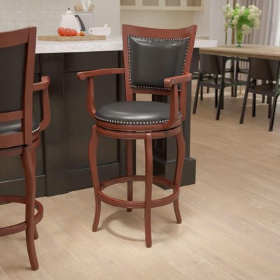30'' High Wood Barstool with Arms, Panel Back and LeatherSoft Swivel Seat
