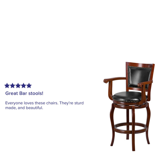 30inch High Cherry Wood Barstool with Arms, Panel Back & Black LeatherSoft Seat