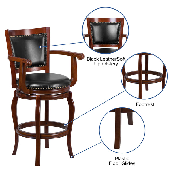 30inch High Cherry Wood Barstool with Arms, Panel Back & Black LeatherSoft Seat