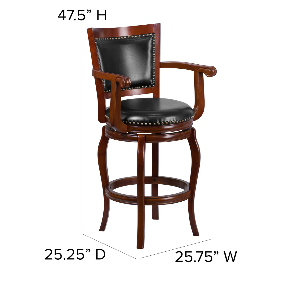 30inch High Cherry Wood Barstool with Arms, Panel Back & Black LeatherSoft Seat