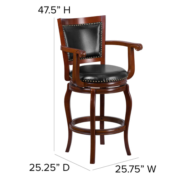 30inch High Cherry Wood Barstool with Arms, Panel Back & Black LeatherSoft Seat