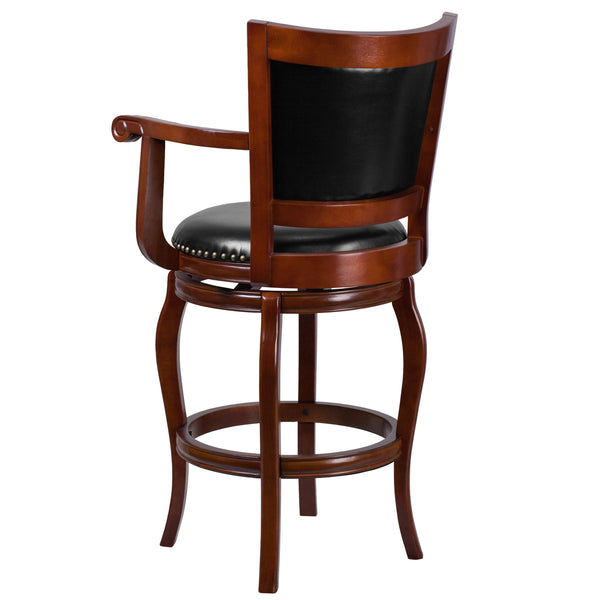 30inch High Cherry Wood Barstool with Arms, Panel Back & Black LeatherSoft Seat
