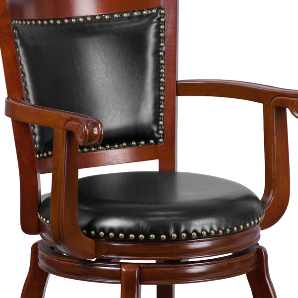 30inch High Cherry Wood Barstool with Arms, Panel Back & Black LeatherSoft Seat