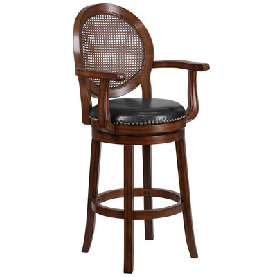 30'' High Wood Barstool with Arms, Woven Rattan Back and LeatherSoft Swivel Seat