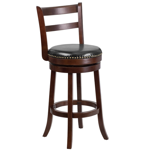 30inch High Cappuccino Wood Barstool w/Ladder Back & Black LeatherSoft Swivel Seat