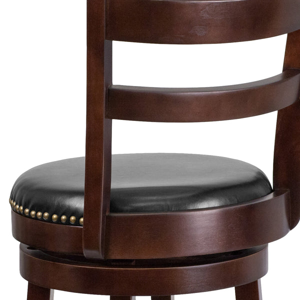30inch High Cappuccino Wood Barstool w/Ladder Back & Black LeatherSoft Swivel Seat
