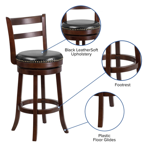 30inch High Cappuccino Wood Barstool w/Ladder Back & Black LeatherSoft Swivel Seat