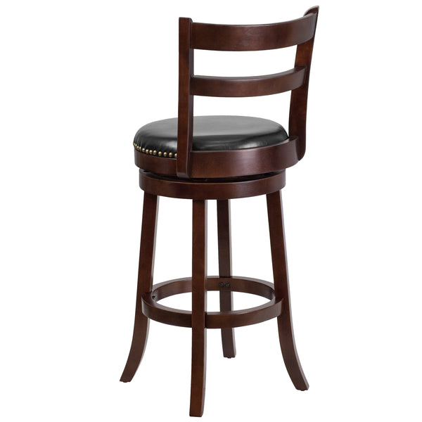 30inch High Cappuccino Wood Barstool w/Ladder Back & Black LeatherSoft Swivel Seat